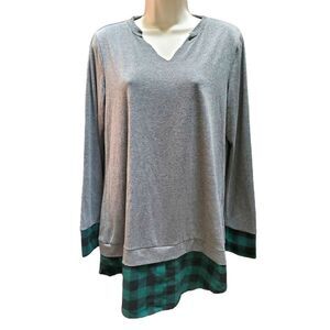 Sunnyme Gray Green Layered Plaid Long Sleeve V Neck Shirt